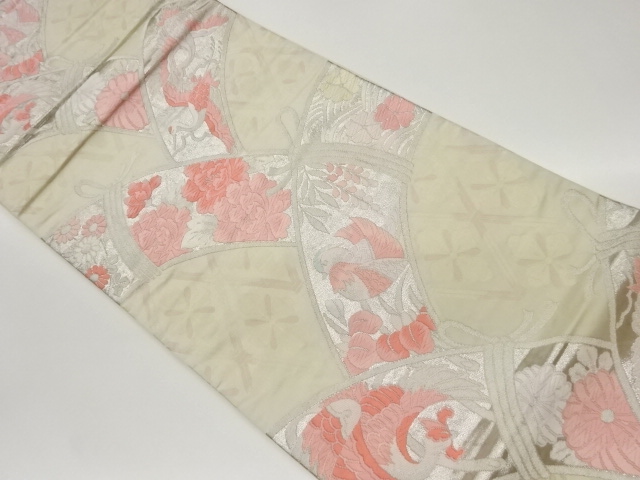 花菱・巻物に鴛鴦・鶴・草花模様織出し袋帯